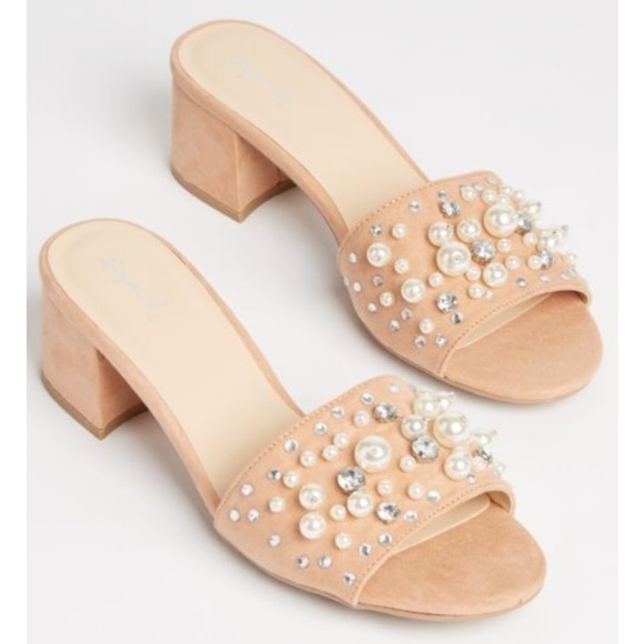 Qupid Shoes - Light Pink Pearl Faux Suede Mules